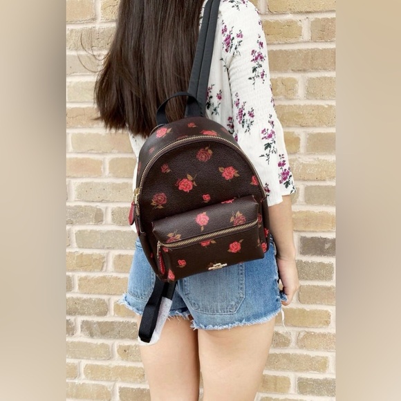 Coach Handbags - Coach Dark Brown Backpack with Red Floral Pattern no stains, no wear, almost new